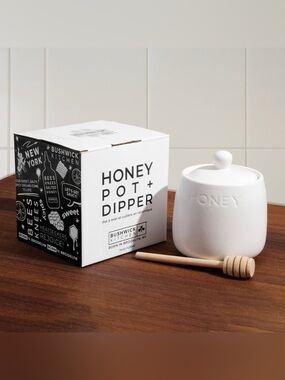 White Ceramic Honey Pot with Dipper bushwick kitchen NIB